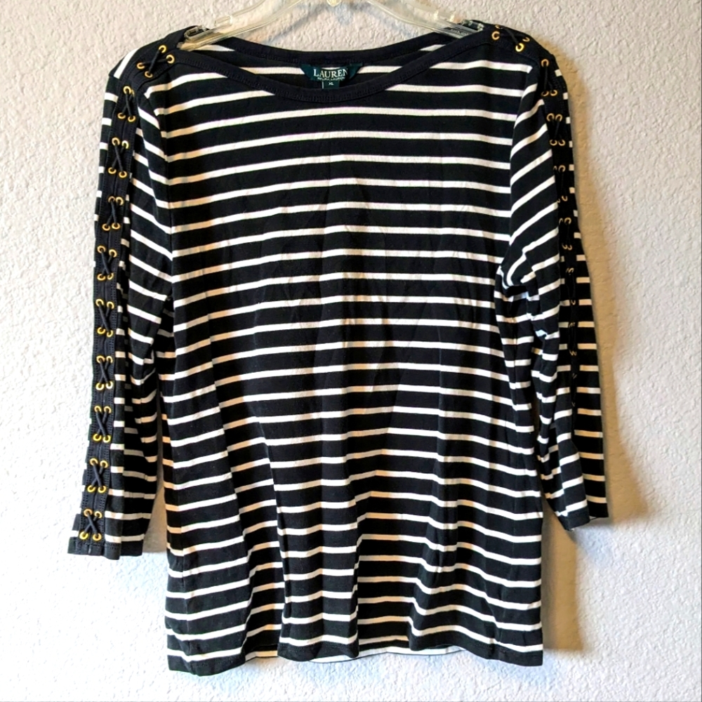 🔥SALE🔥 Lauren Ralph Lauren Nautical Top Black White Stripe 3/4 Sleeves Sz.XL